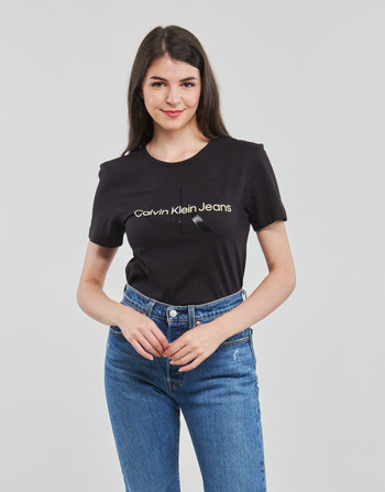textil Dame T-shirts m. korte ærmer Calvin Klein Jeans GLOSSY MONOGRAM SLIM TEE Sort