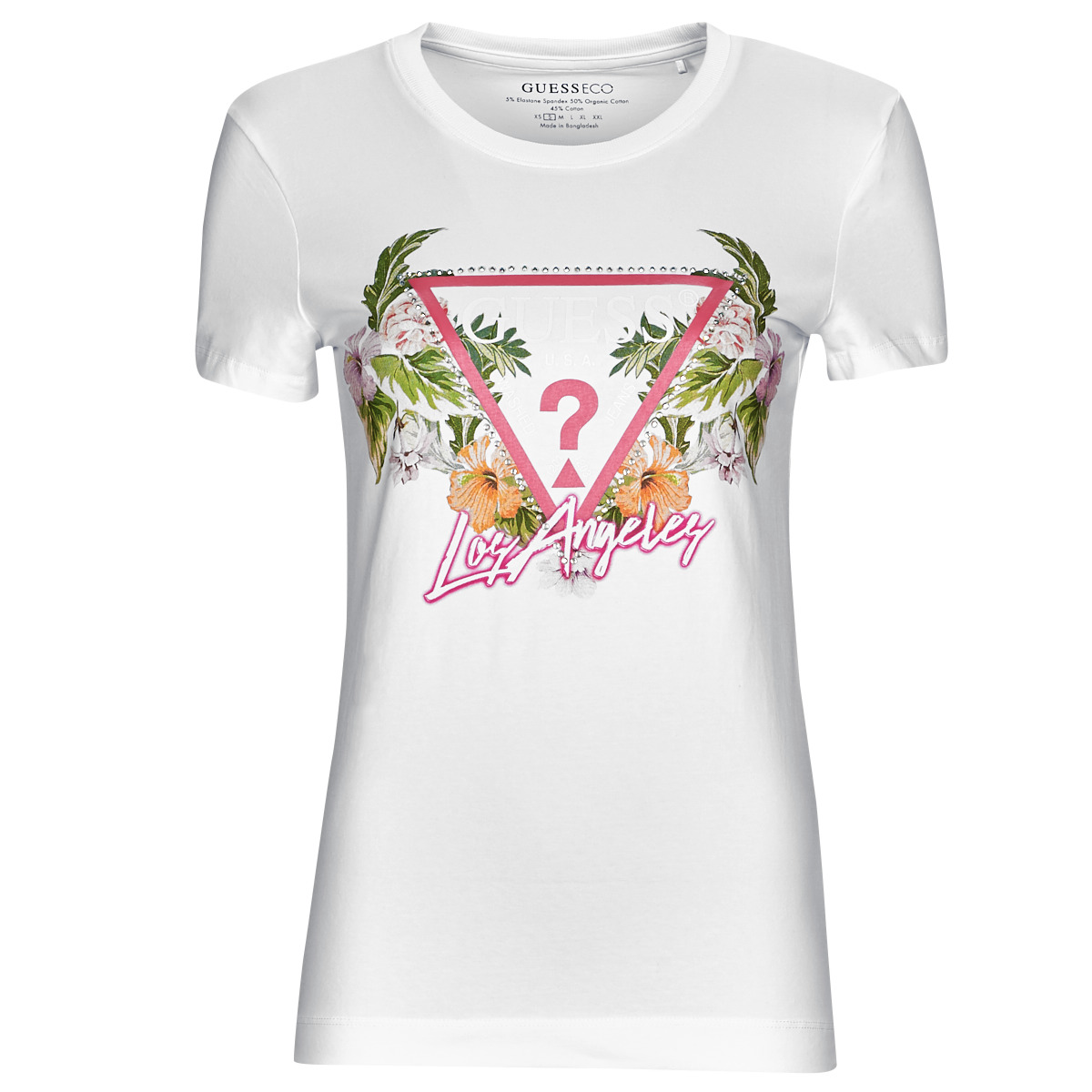 textil Dame T-shirts m. korte ærmer Guess SS CN TRIANGLE FLOWERS TEE Hvid