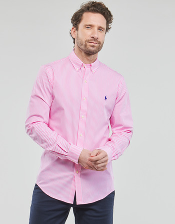 textil Herre Skjorter m. lange ærmer Polo Ralph Lauren CHEMISE AJUSTEE SLIM FIT EN POPELINE RAYE Pink / Hvid