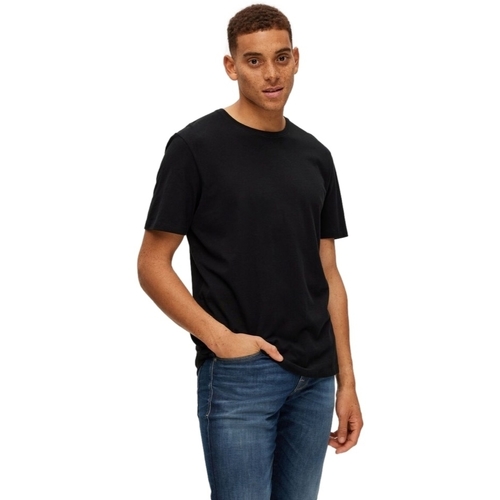 textil Herre T-shirts & poloer Selected Noos Pan Linen T-Shirt - Black Sort