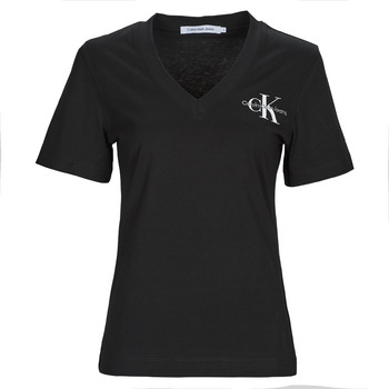 textil Dame T-shirts m. korte ærmer Calvin Klein Jeans MONOLOGO SLIM V-NECK TEE Sort