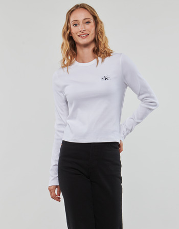 textil Dame Langærmede T-shirts Calvin Klein Jeans WOVEN LABEL RIB LONG SLEEVE Hvid