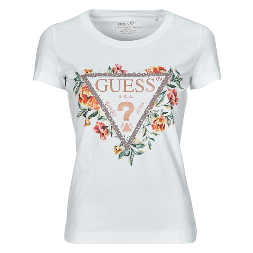 textil Dame T-shirts m. korte ærmer Guess TRIANGLE FLOWERS Hvid