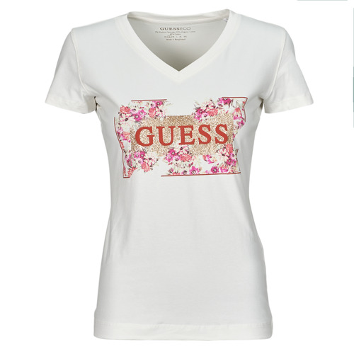 textil Dame T-shirts m. korte ærmer Guess LOGO FLOWERS Hvid