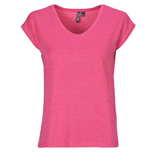 textil Dame T-shirts m. korte ærmer Pieces PCBILLO TEE LUREX STRIPES Pink