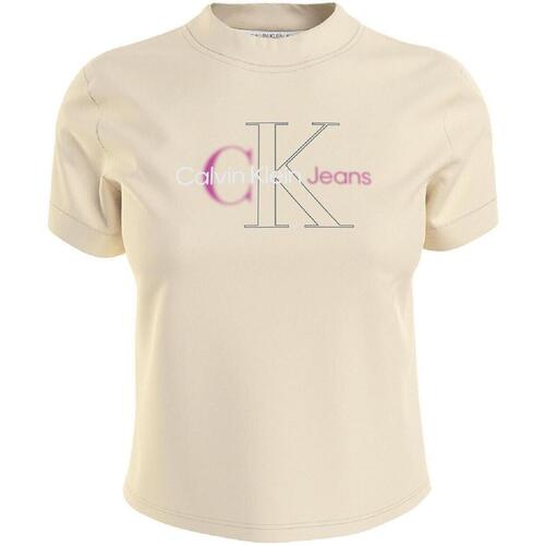 textil Dame T-shirts m. korte ærmer Calvin Klein Jeans  Beige